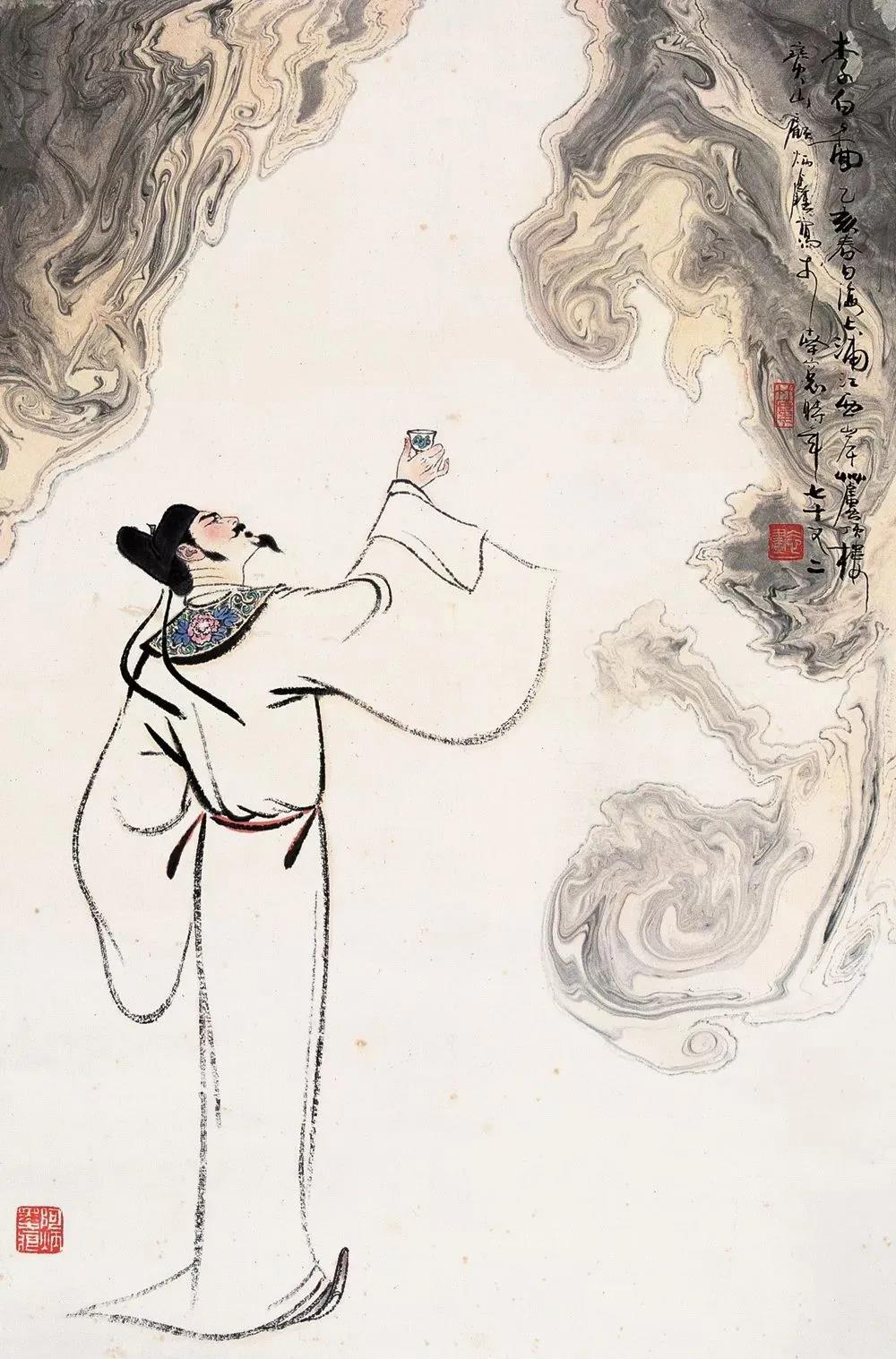 ▲“詩(shī)仙”李白勸自己喝酒：“舉杯邀明月，對(duì)飲成三人”。（圖片來(lái)源：三聯(lián)生活周刊）